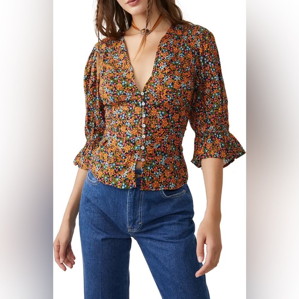 Free People I Found You Navy Combo Floral Print Blouse Button Down Top Small